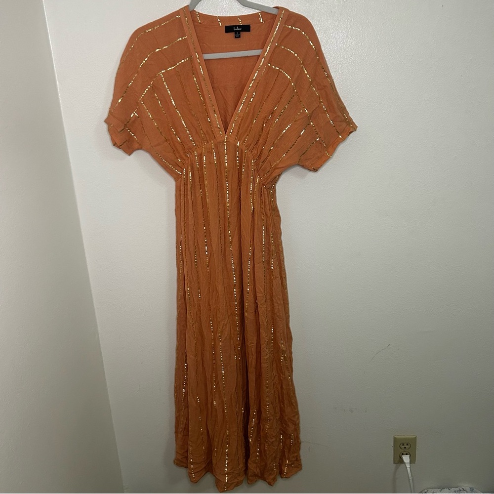 Lulus rose pink and gold striped maxi dress
